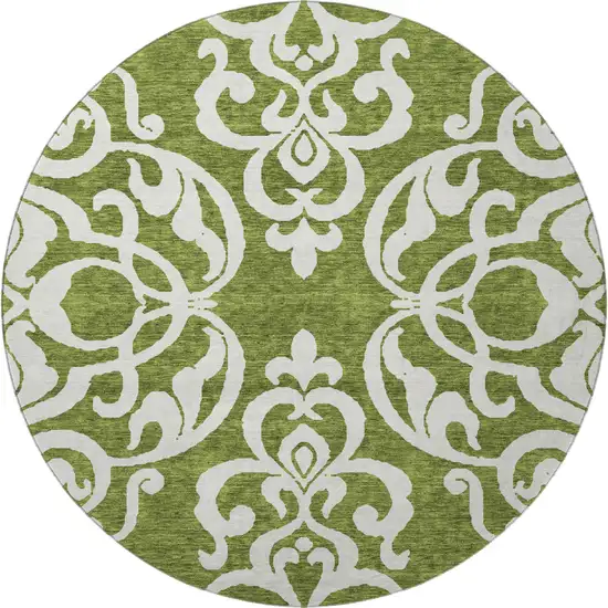 8' Green And Ivory Damask Washable Round Rug With UV Protection Photo 3