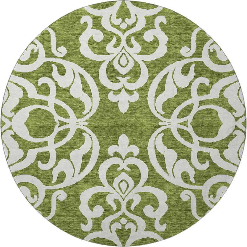 8' Green And Ivory Damask Washable Round Rug With UV Protection Photo 3