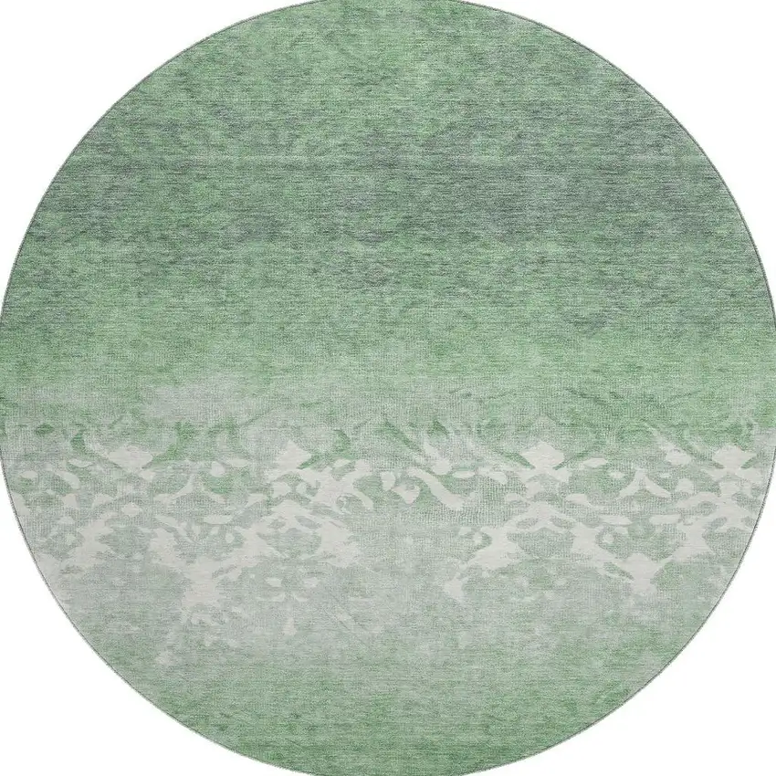 8' Green And Ivory Damask Washable Round Rug With UV Protection Photo 4