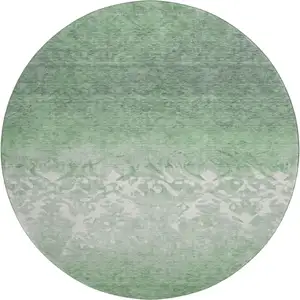 Photo of 8' Green And Ivory Damask Washable Round Rug With UV Protection