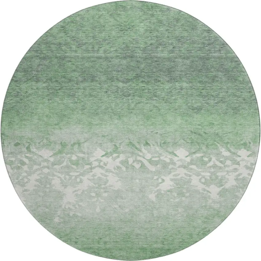 8' Green And Ivory Damask Washable Round Rug With UV Protection Photo 1
