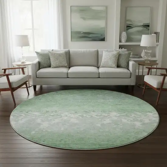 8' Green And Ivory Damask Washable Round Rug With UV Protection Photo 2