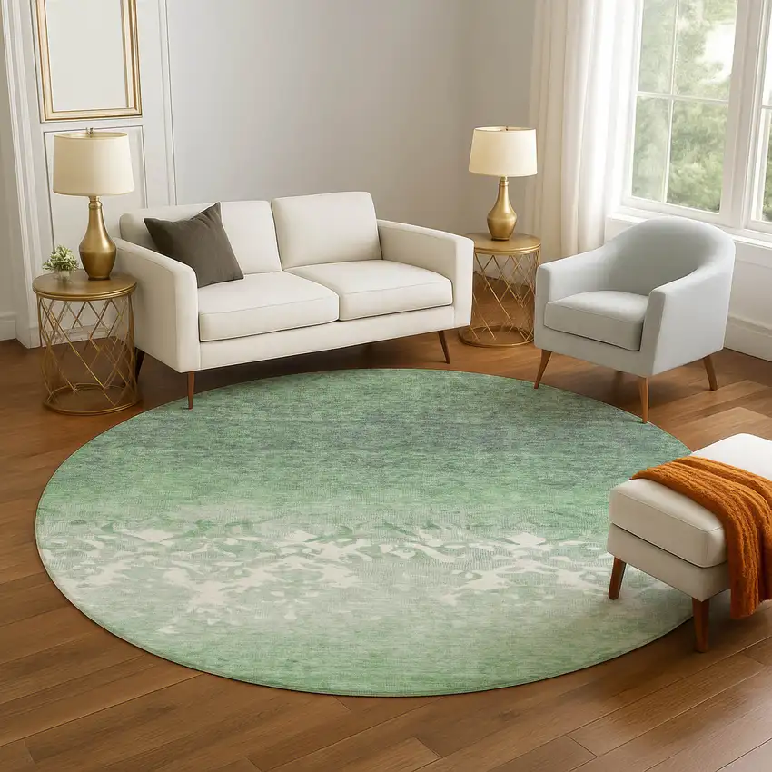 8' Green And Ivory Damask Washable Round Rug With UV Protection Photo 5