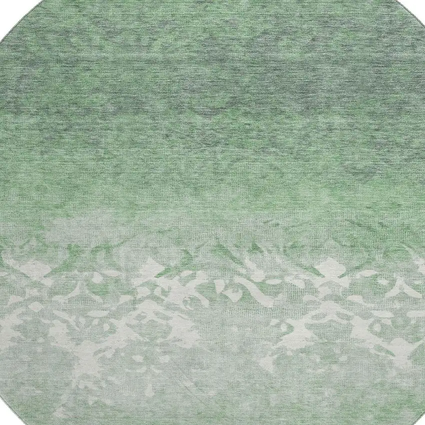 8' Green And Ivory Damask Washable Round Rug With UV Protection Photo 3