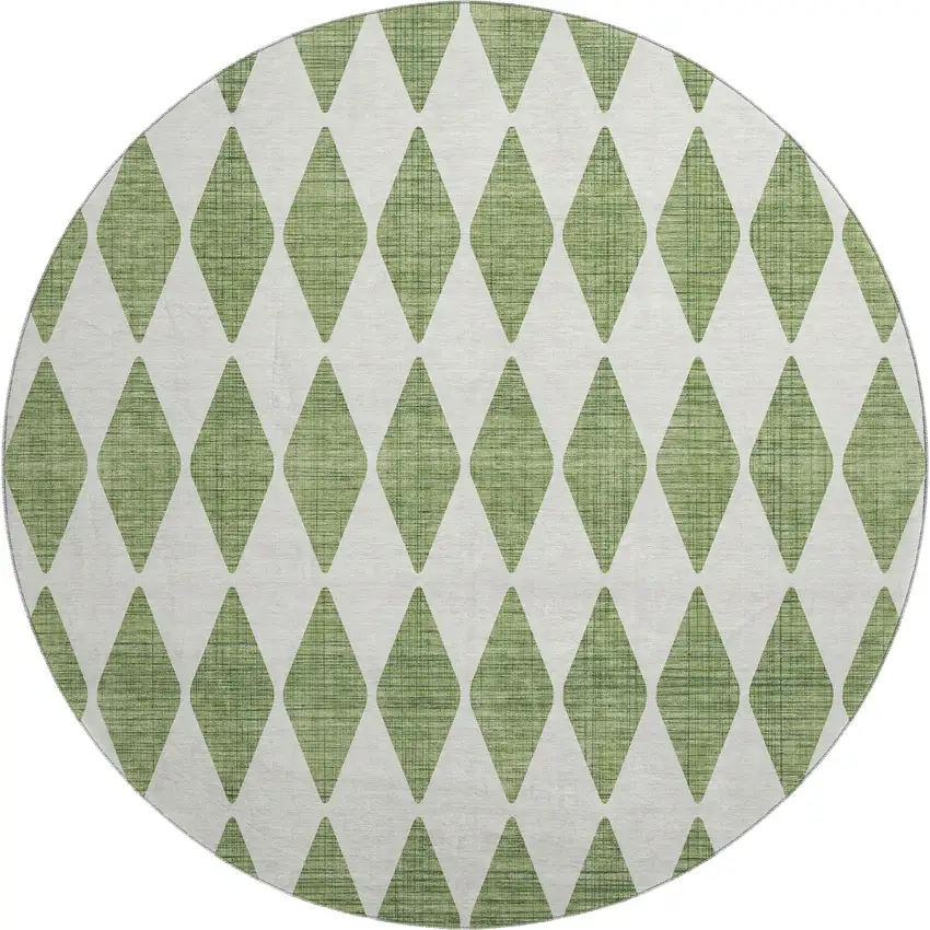 8' Green And Ivory Diamond Washable Round Rug With UV Protection Photo 1