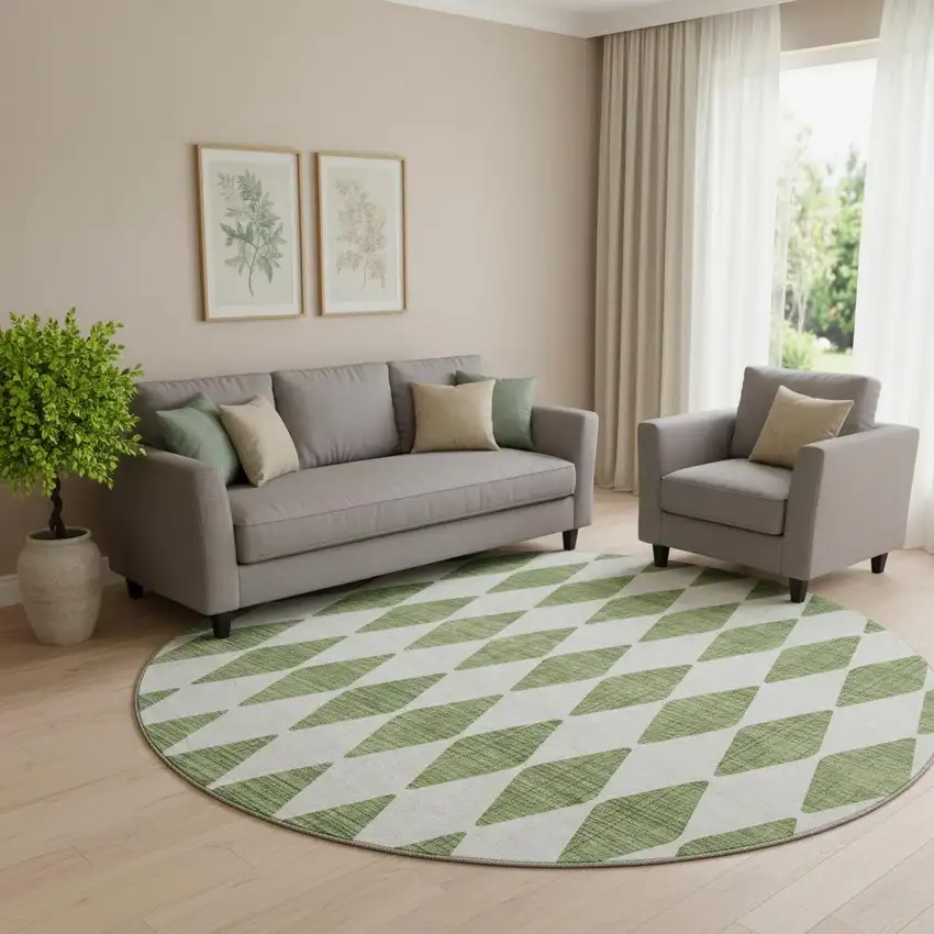 8' Green And Ivory Diamond Washable Round Rug With UV Protection Photo 1