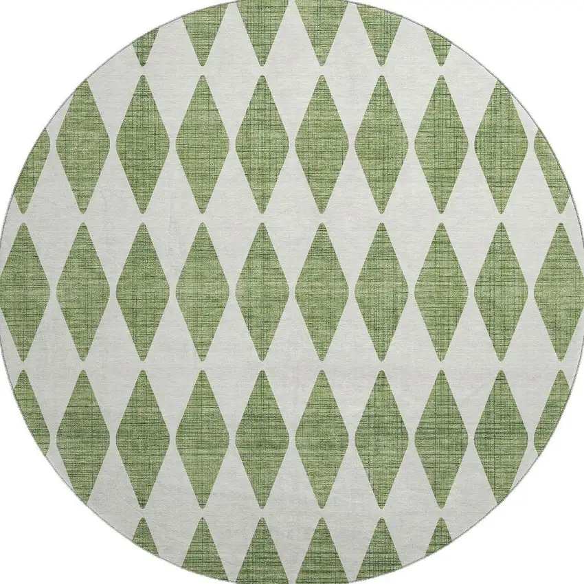 8' Green And Ivory Diamond Washable Round Rug With UV Protection Photo 4