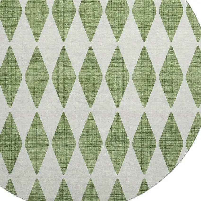8' Green And Ivory Diamond Washable Round Rug With UV Protection Photo 3