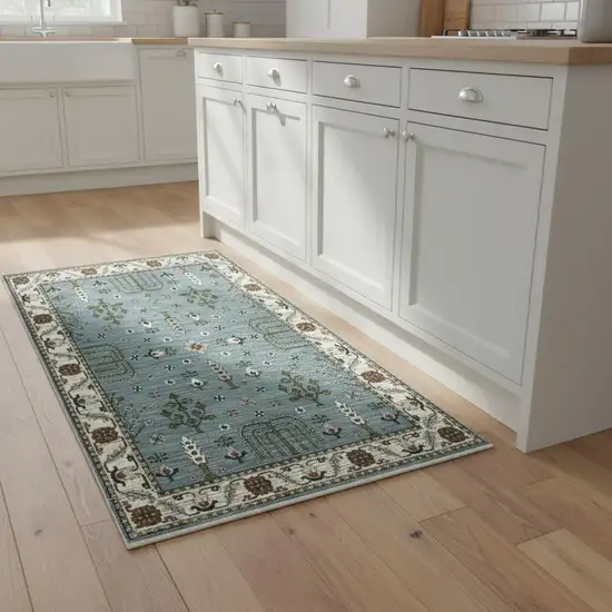 8' Green And Ivory Floral Runner Rug With Fringe Photo 1