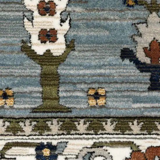 8' Green And Ivory Floral Runner Rug With Fringe Photo 7