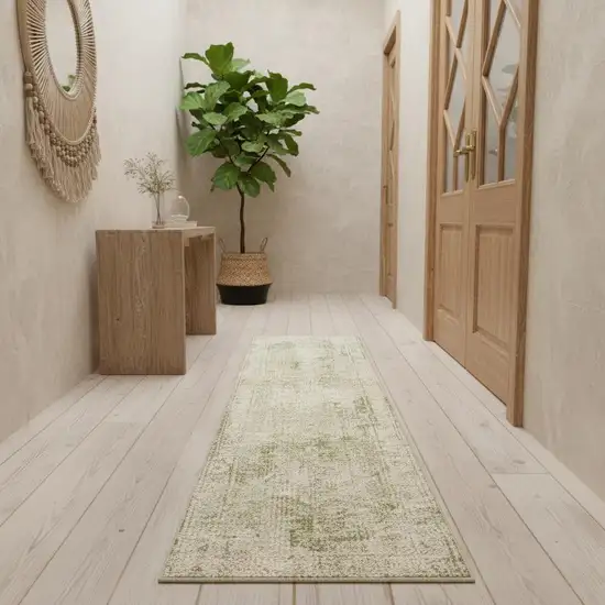 10' Green And Ivory Floral Runner Rug Photo 1