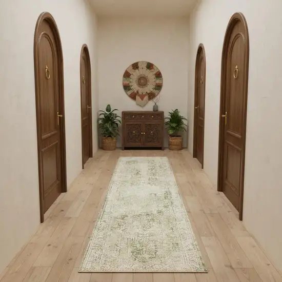 10' Green And Ivory Floral Runner Rug Photo 1