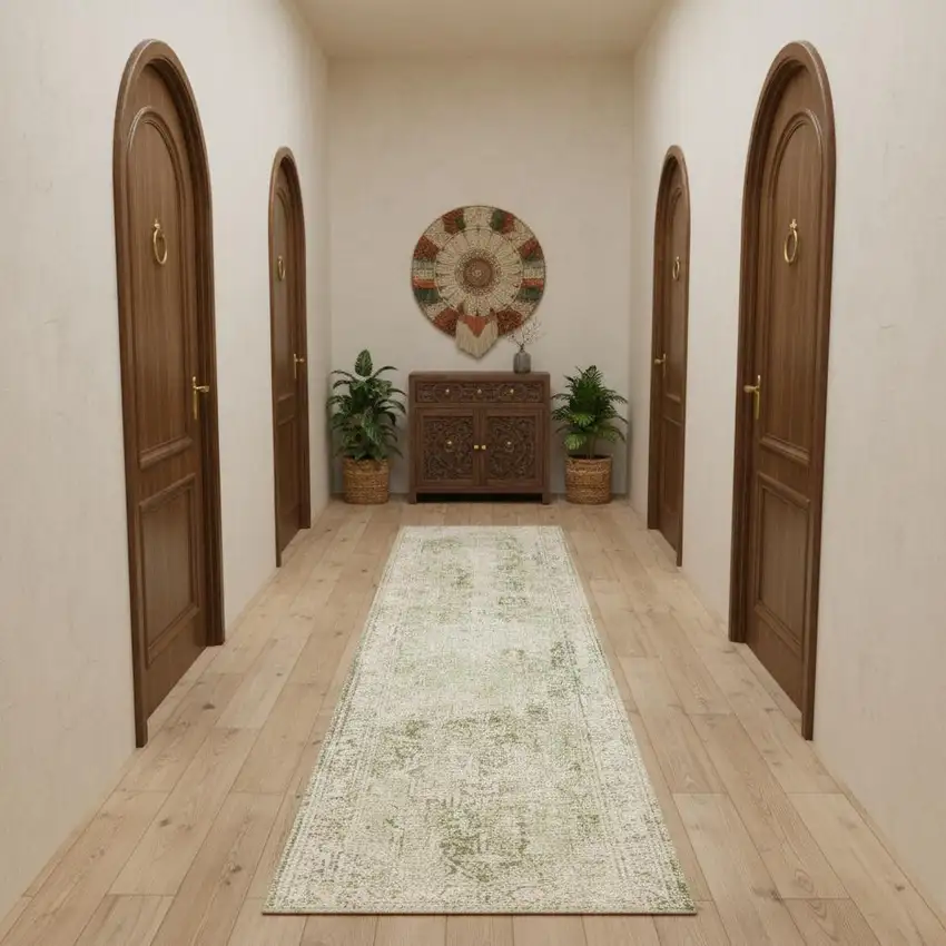 10' Green And Ivory Floral Runner Rug Photo 1