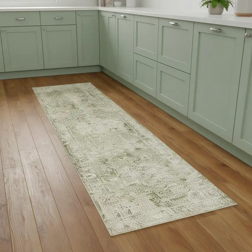 8' Green And Ivory Floral Runner Rug Photo 1