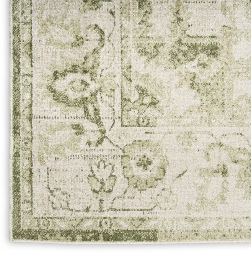 8' Green And Ivory Floral Runner Rug Photo 8