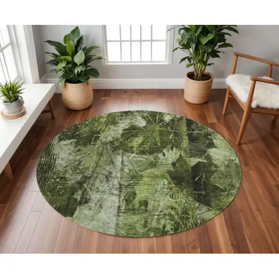 8' Green And Ivory Floral Washable Round Rug With UV Protection Photo 2