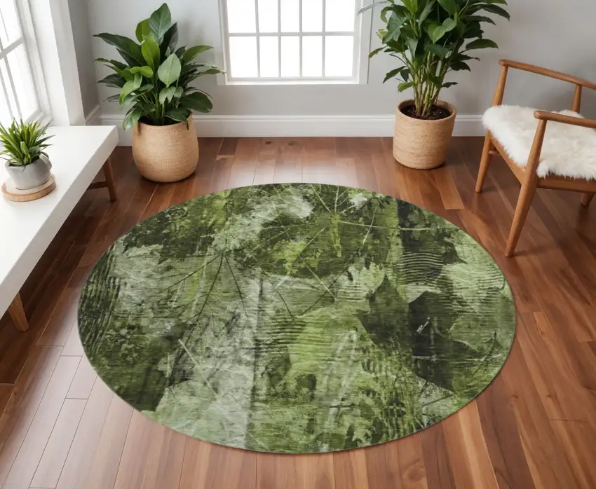 8' Green And Ivory Floral Washable Round Rug With UV Protection Photo 2