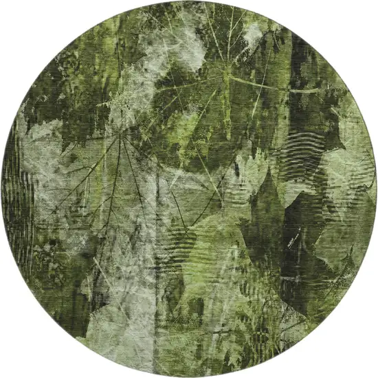 8' Green And Ivory Floral Washable Round Rug With UV Protection Photo 1