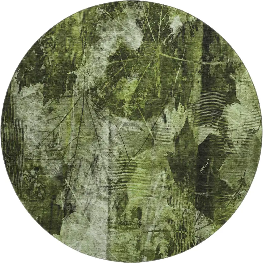 8' Green And Ivory Floral Washable Round Rug With UV Protection Photo 1