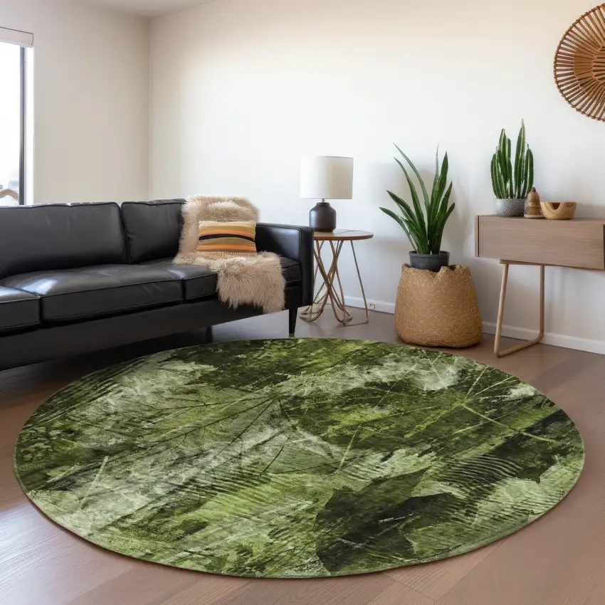 8' Green And Ivory Floral Washable Round Rug With UV Protection Photo 5