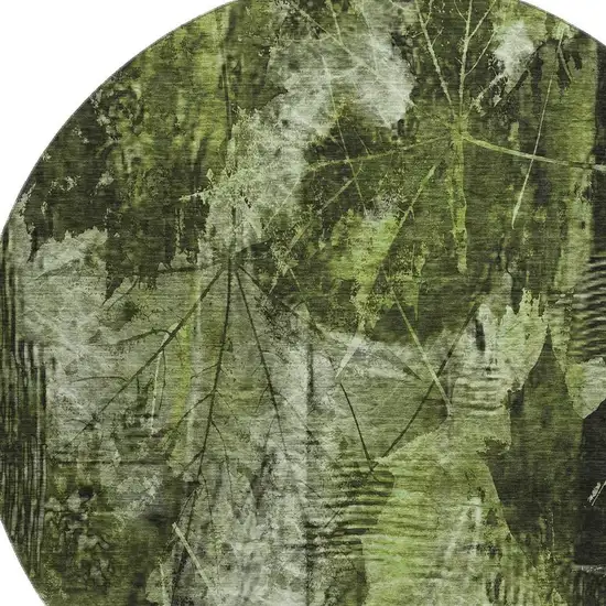 8' Green And Ivory Floral Washable Round Rug With UV Protection Photo 3