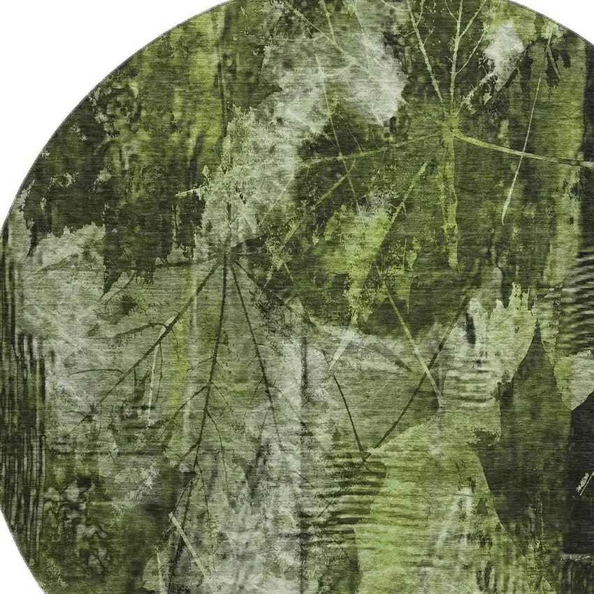 8' Green And Ivory Floral Washable Round Rug With UV Protection Photo 3