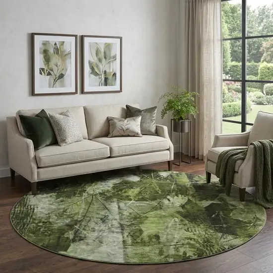 8' Green And Ivory Floral Washable Round Rug With UV Protection Photo 1