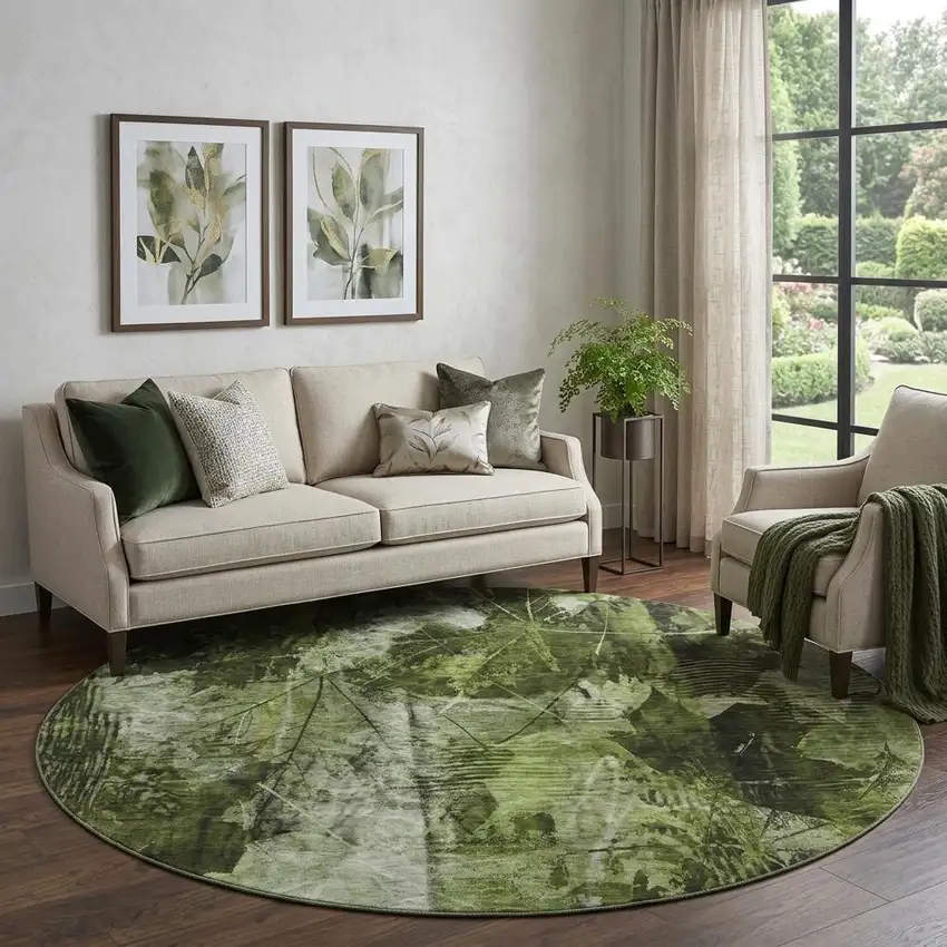 8' Green And Ivory Floral Washable Round Rug With UV Protection Photo 1