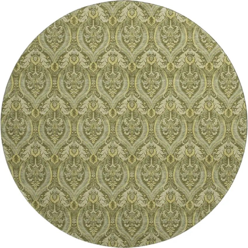 8' Green And Ivory Floral Washable Round Rug With UV Protection Photo 1