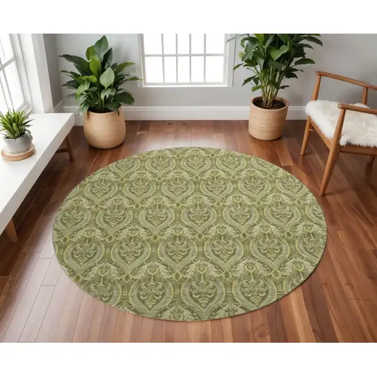 8' Green And Ivory Floral Washable Round Rug With UV Protection Photo 2