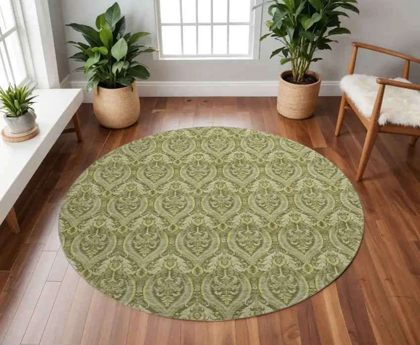 8' Green And Ivory Floral Washable Round Rug With UV Protection Photo 2
