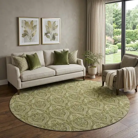 8' Green And Ivory Floral Washable Round Rug With UV Protection Photo 1