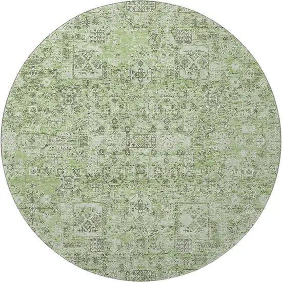 8' Green And Ivory Floral Washable Round Rug With UV Protection Photo 4