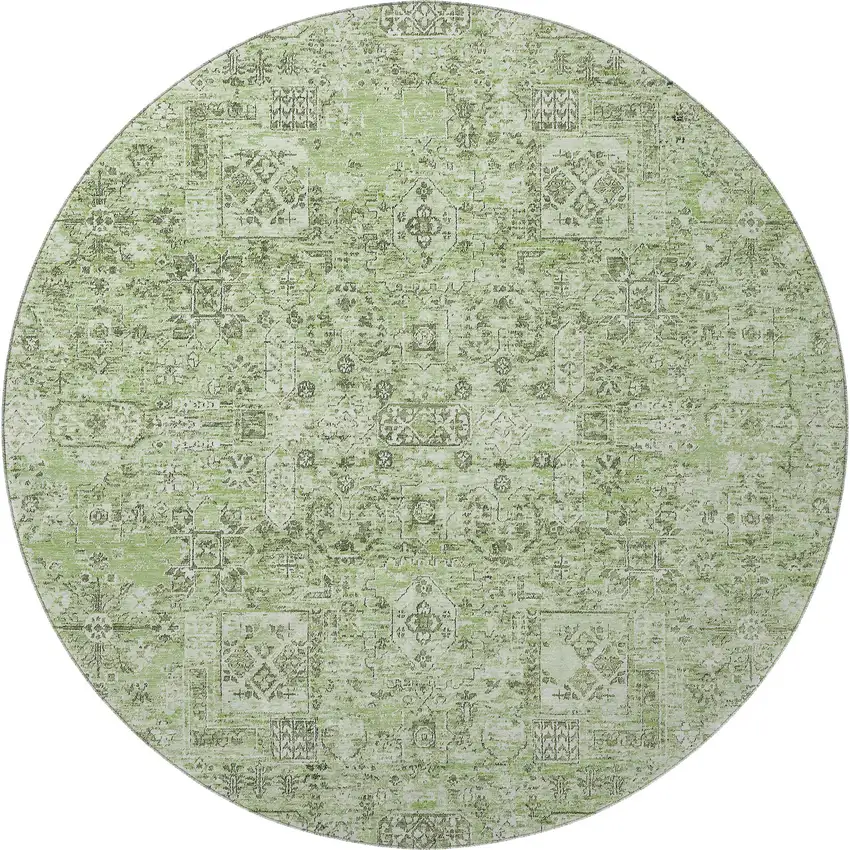 8' Green And Ivory Floral Washable Round Rug With UV Protection Photo 4