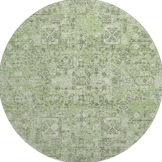 8' Green And Ivory Floral Washable Round Rug With UV Protection Photo 3