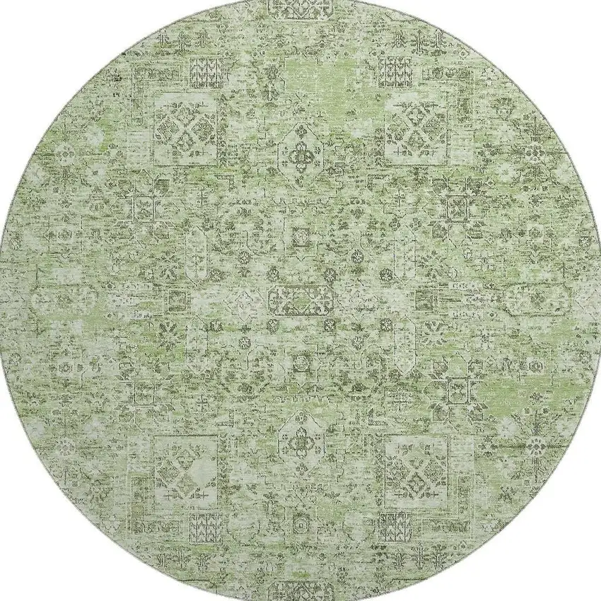 8' Green And Ivory Floral Washable Round Rug With UV Protection Photo 3