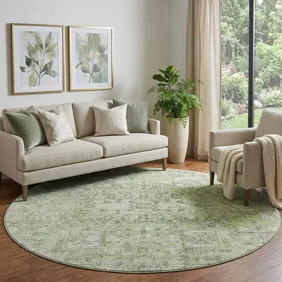8' Green And Ivory Floral Washable Round Rug With UV Protection Photo 1