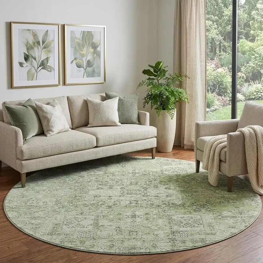 8' Green And Ivory Floral Washable Round Rug With UV Protection Photo 1