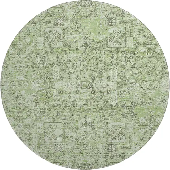 8' Green And Ivory Floral Washable Round Rug With UV Protection Photo 1