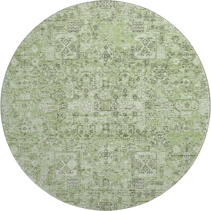 8' Green And Ivory Floral Washable Round Rug With UV Protection Photo 1