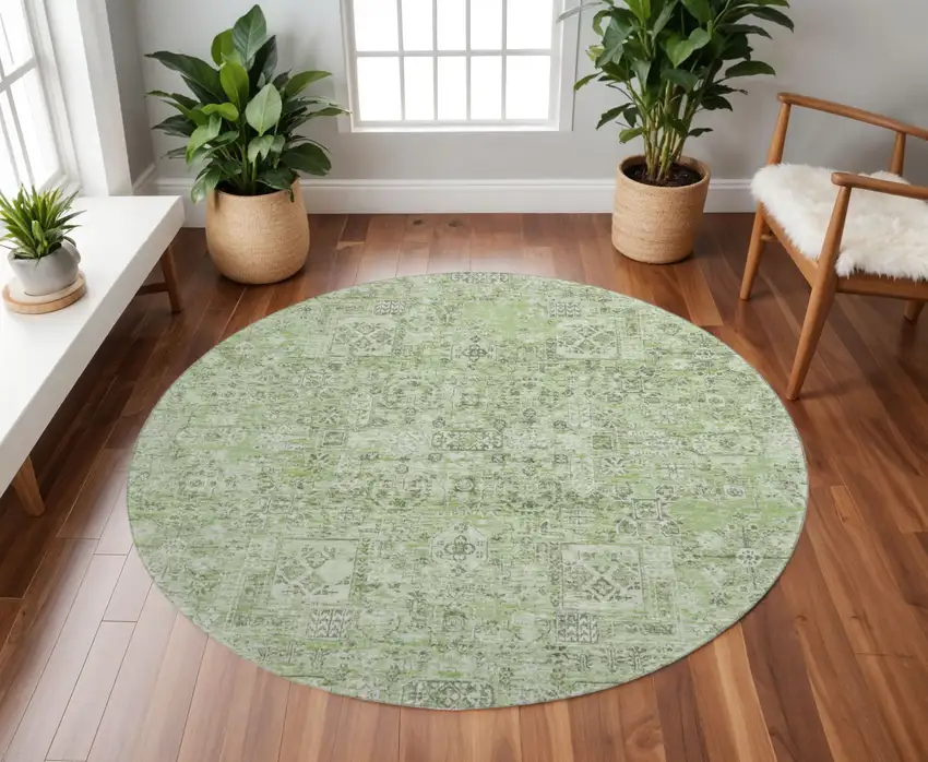 8' Green And Ivory Floral Washable Round Rug With UV Protection Photo 2