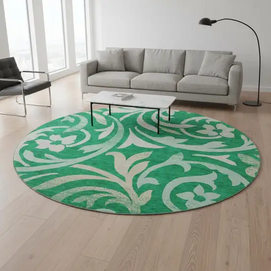 8' Green And Ivory Floral Washable Round Rug With UV Protection Photo 2
