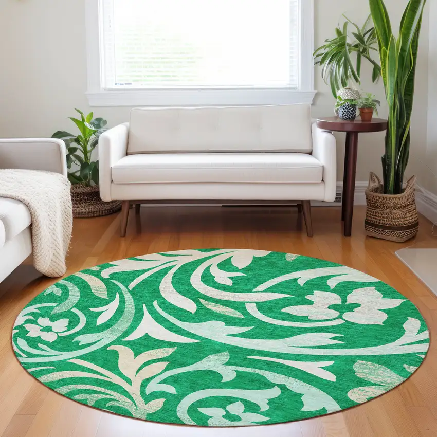 8' Green And Ivory Floral Washable Round Rug With UV Protection Photo 5