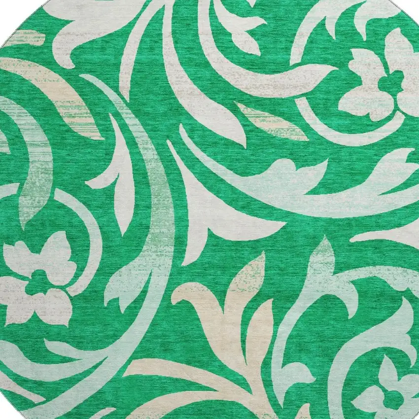 8' Green And Ivory Floral Washable Round Rug With UV Protection Photo 3