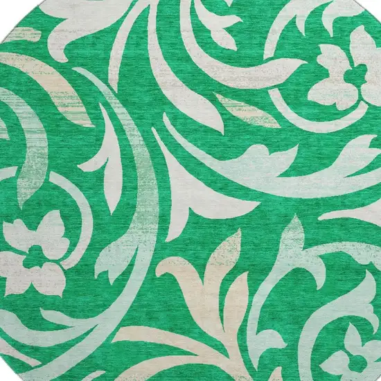 8' Green And Ivory Floral Washable Round Rug With UV Protection Photo 3