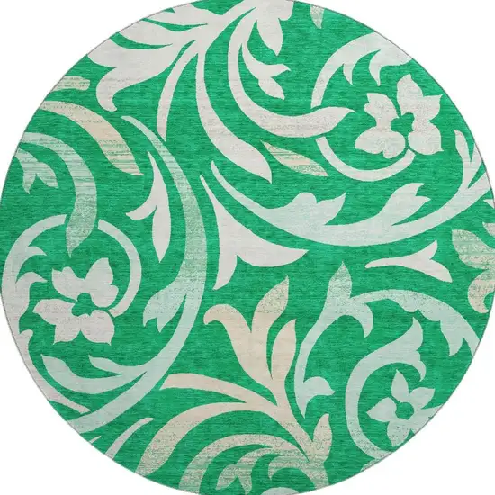 8' Green And Ivory Floral Washable Round Rug With UV Protection Photo 4