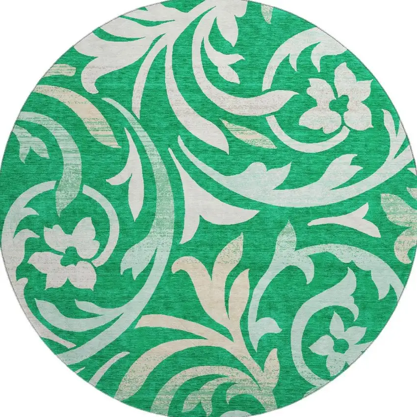 8' Green And Ivory Floral Washable Round Rug With UV Protection Photo 4