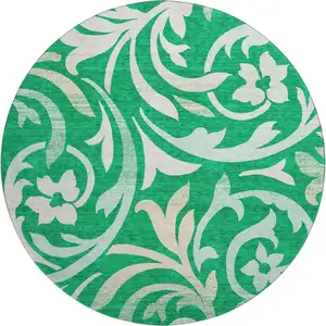 Photo of 8' Green And Ivory Floral Washable Round Rug With UV Protection