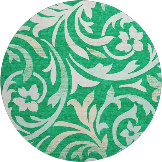 8' Green And Ivory Floral Washable Round Rug With UV Protection Photo 1