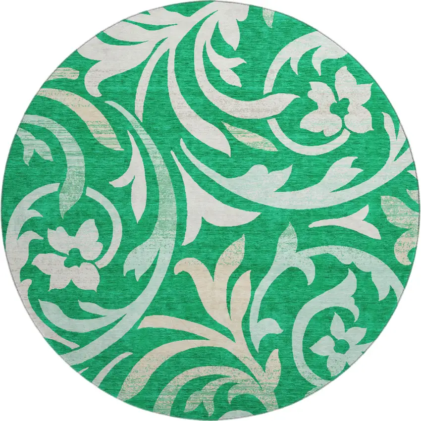 8' Green And Ivory Floral Washable Round Rug With UV Protection Photo 1